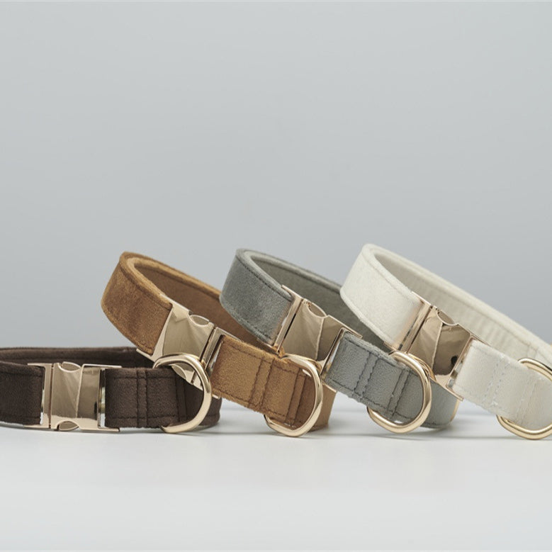 Three dog collars in brown, gray, and beige on a light gray background