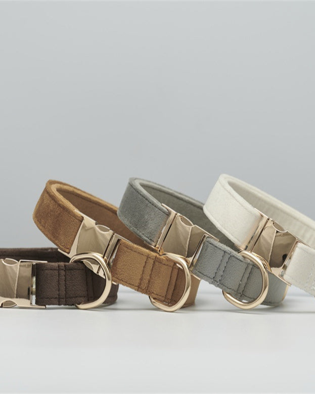 Three dog collars in brown, gray, and beige on a light gray background