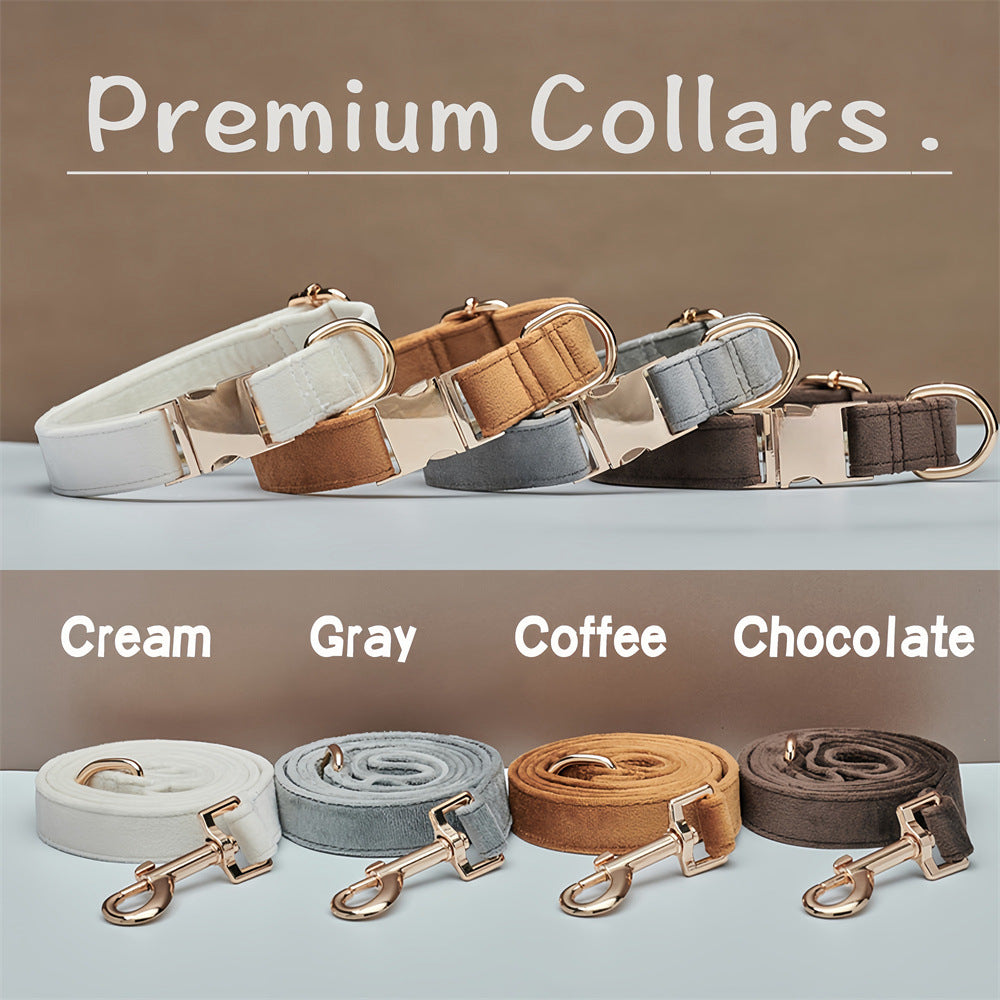 Collection of premium dog collars and leashes in cream, gray, coffee, and chocolate colors on a neutral background.