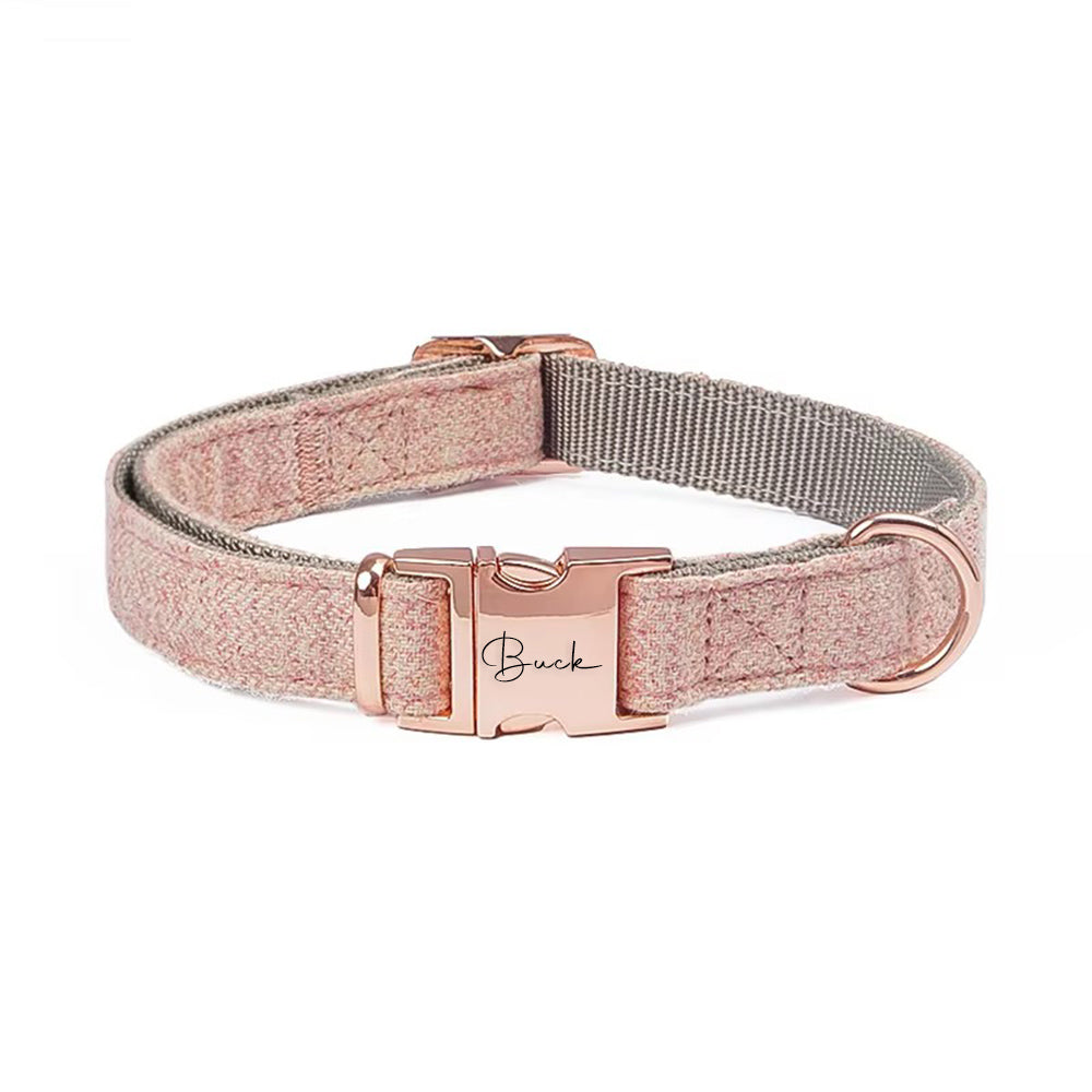 Dog collar with rose gold hardware on a white background