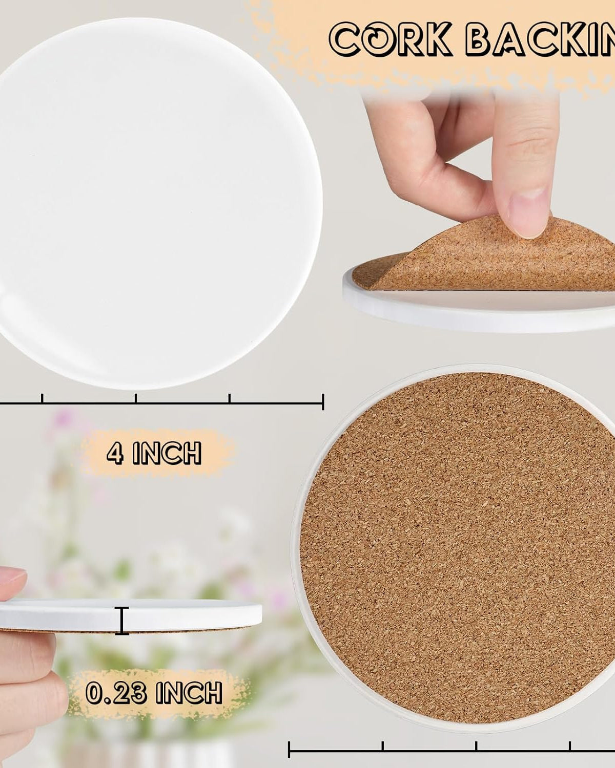 Cork-backed coaster with measurements and a hand holding it.