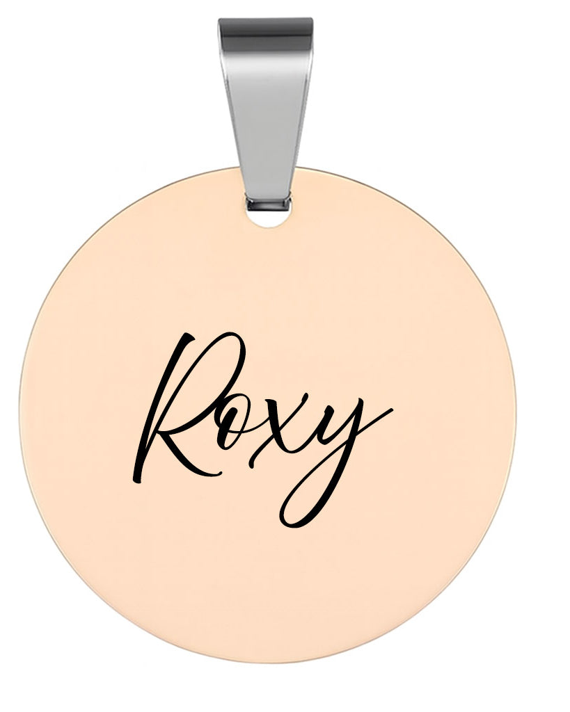 Front-facing round rose gold pendant with polished stainless steel bail on a white background – customizable jewellery charm for engraving.
