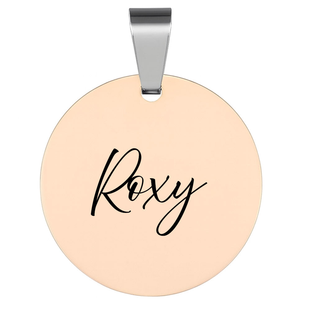 Front-facing round rose gold pendant with polished stainless steel bail on a white background – customizable jewellery charm for engraving.