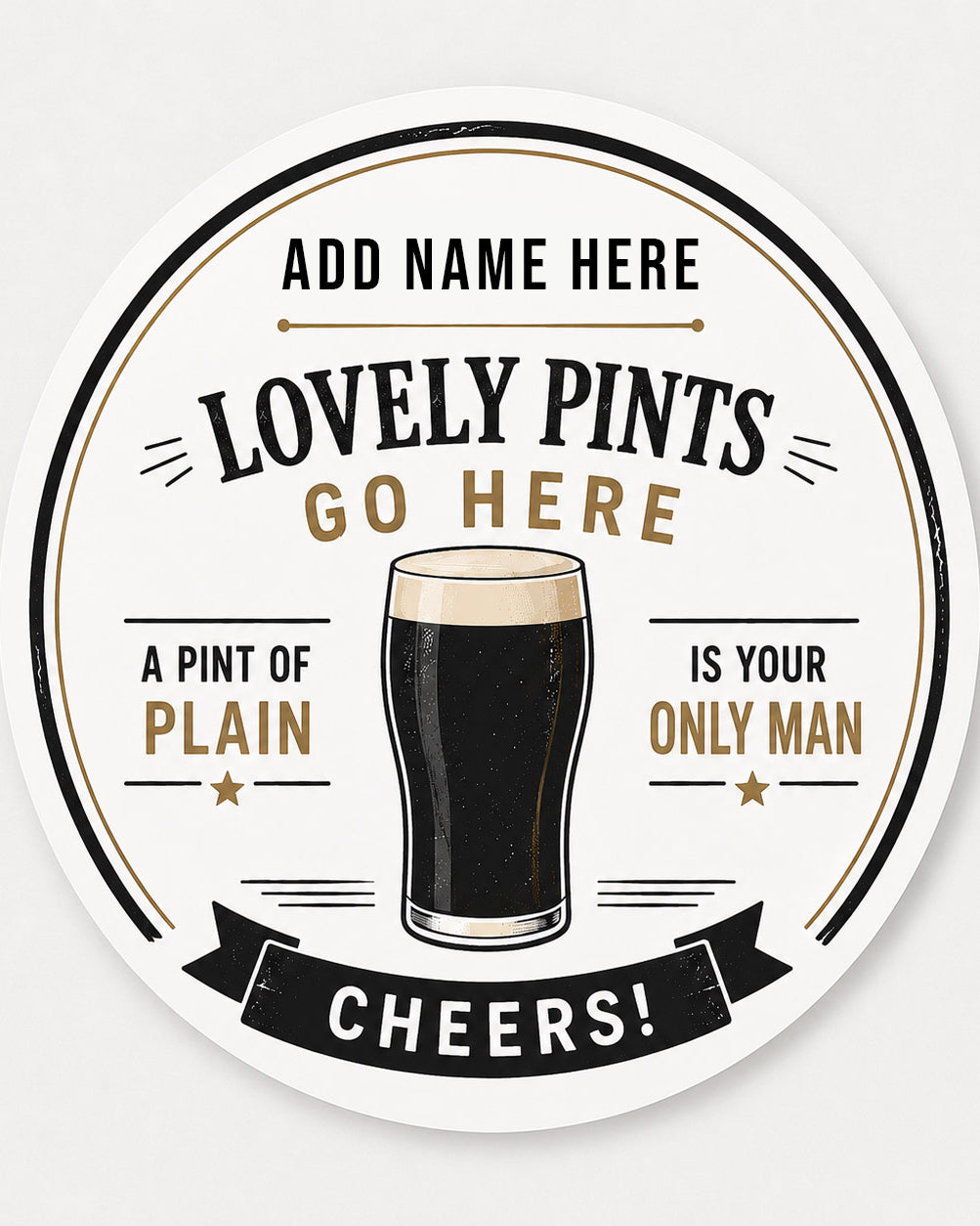 Round personalised ceramic coaster with a glass of beer and text on a white background