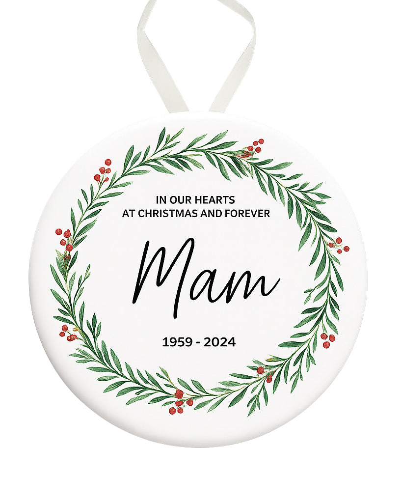 Memorial ornament with wreath design and text 'Mam 1959-2024' on a white background