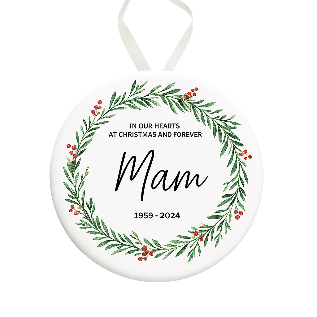 Memorial ornament with wreath design and text 'Mam 1959-2024' on a white background