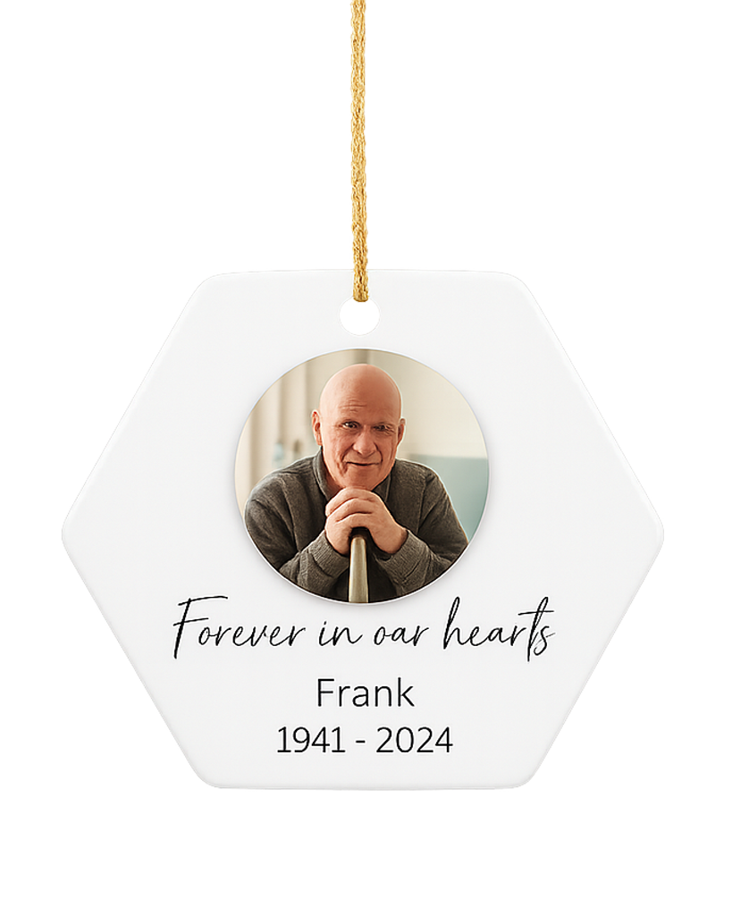 Memorial ornament with a photo of a man and text 'Forever in our hearts Frank 1941-2024' on a white background.