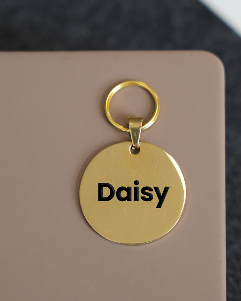 Gold round dog tag engraved with the name “Daisy” on a neutral surface