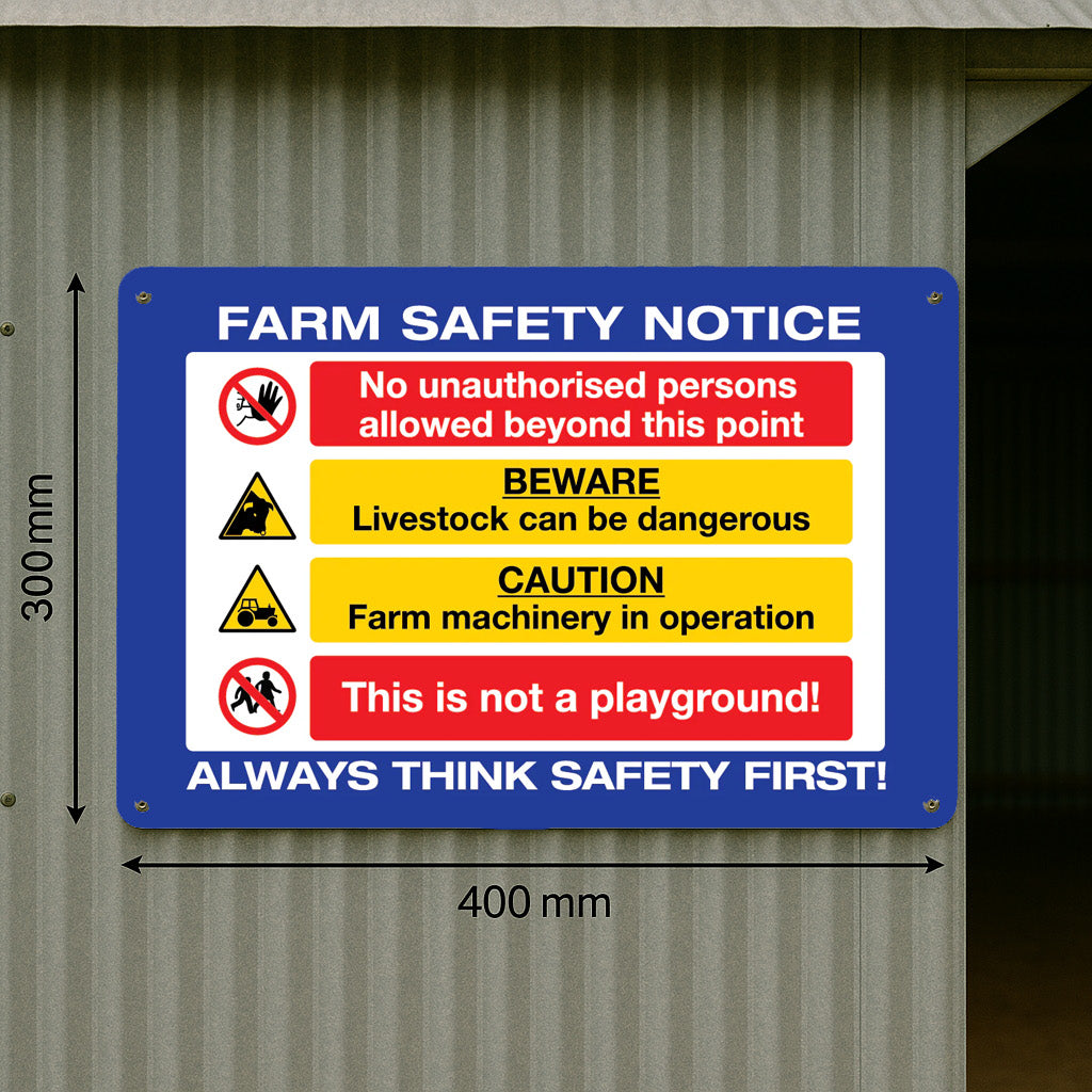 Farm safety notice sign on a metal shed with field background