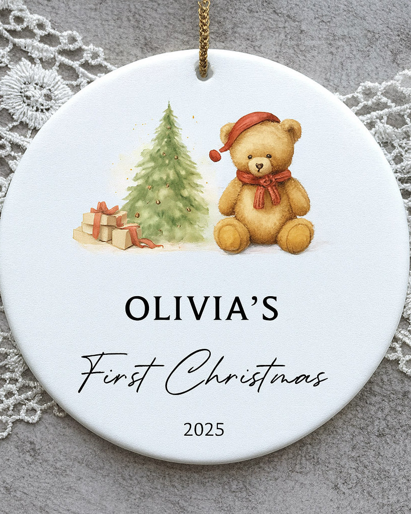 Round Christmas ornament with teddy bear, tree, and presents on a lace background