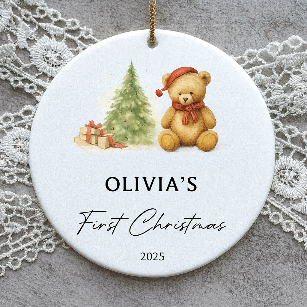 Round Christmas ornament with teddy bear, tree, and presents on a lace background