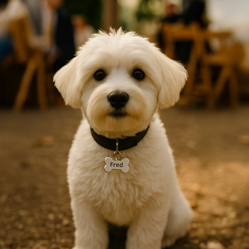 PERSONALISED DOG TAG ON CUTE WHITE DOG
