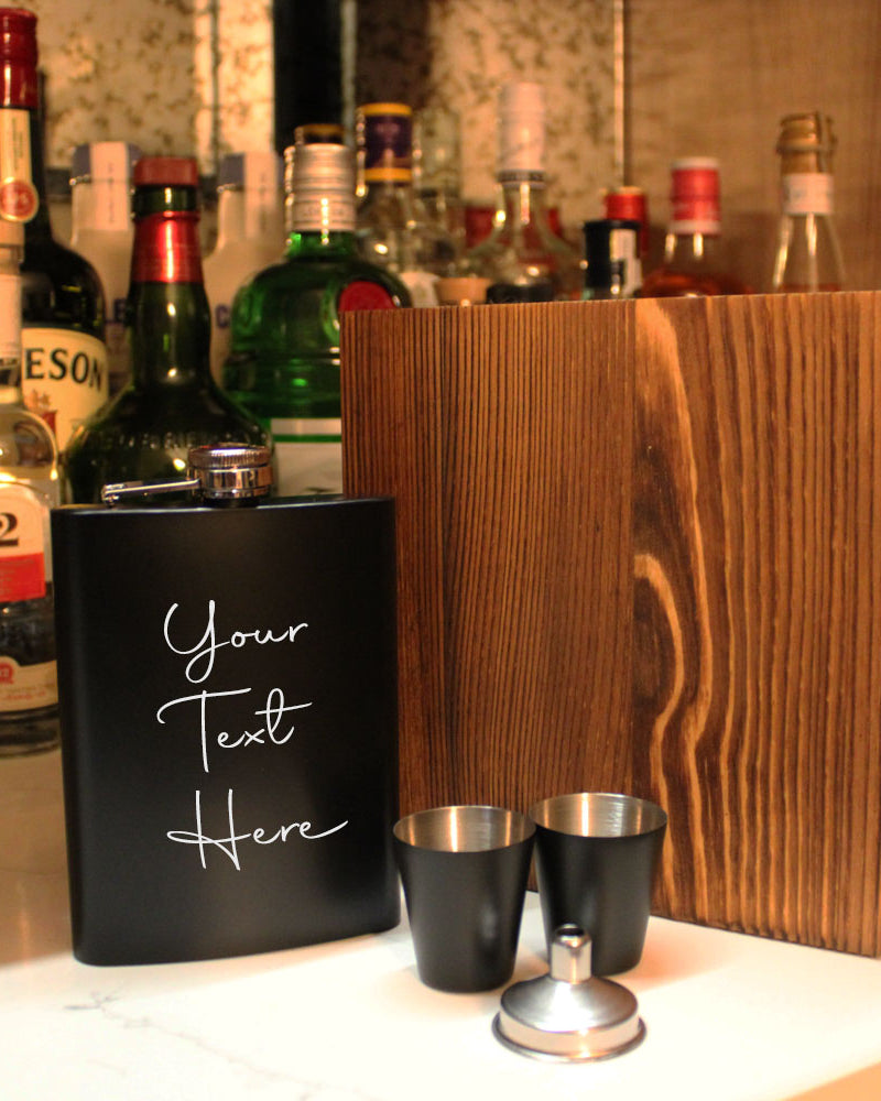 Black Metal Hip Flask | wooden Giftbox | Personalised