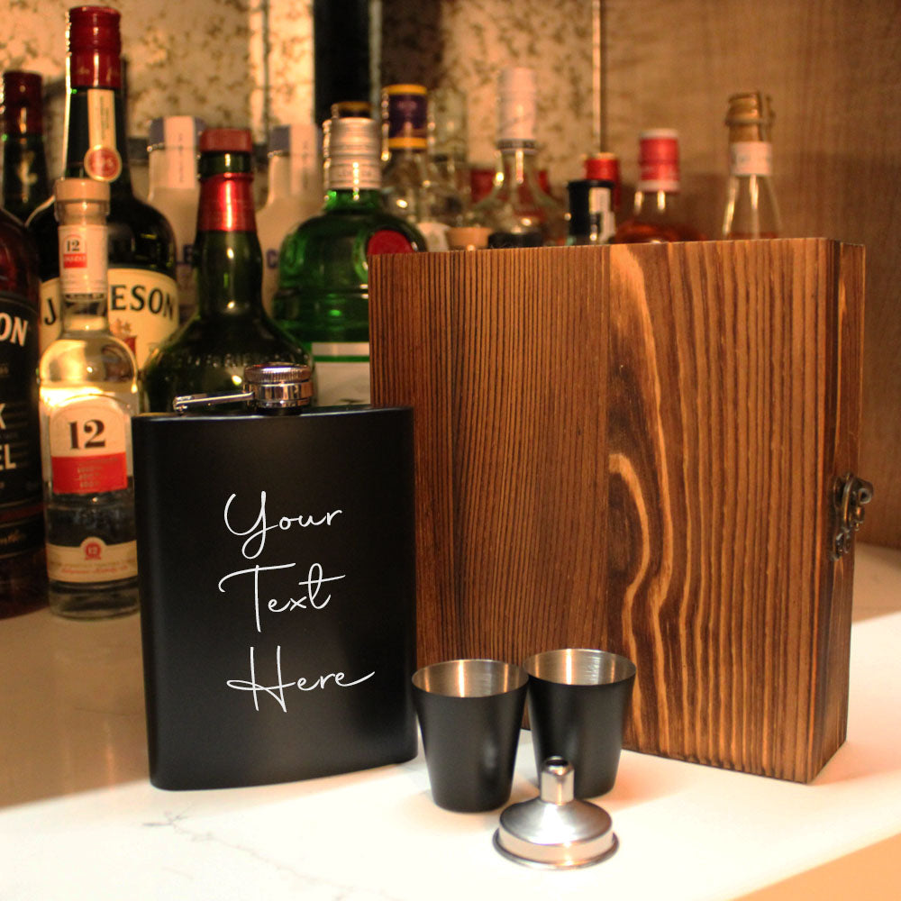 Black Metal Hip Flask | wooden Giftbox | Personalised