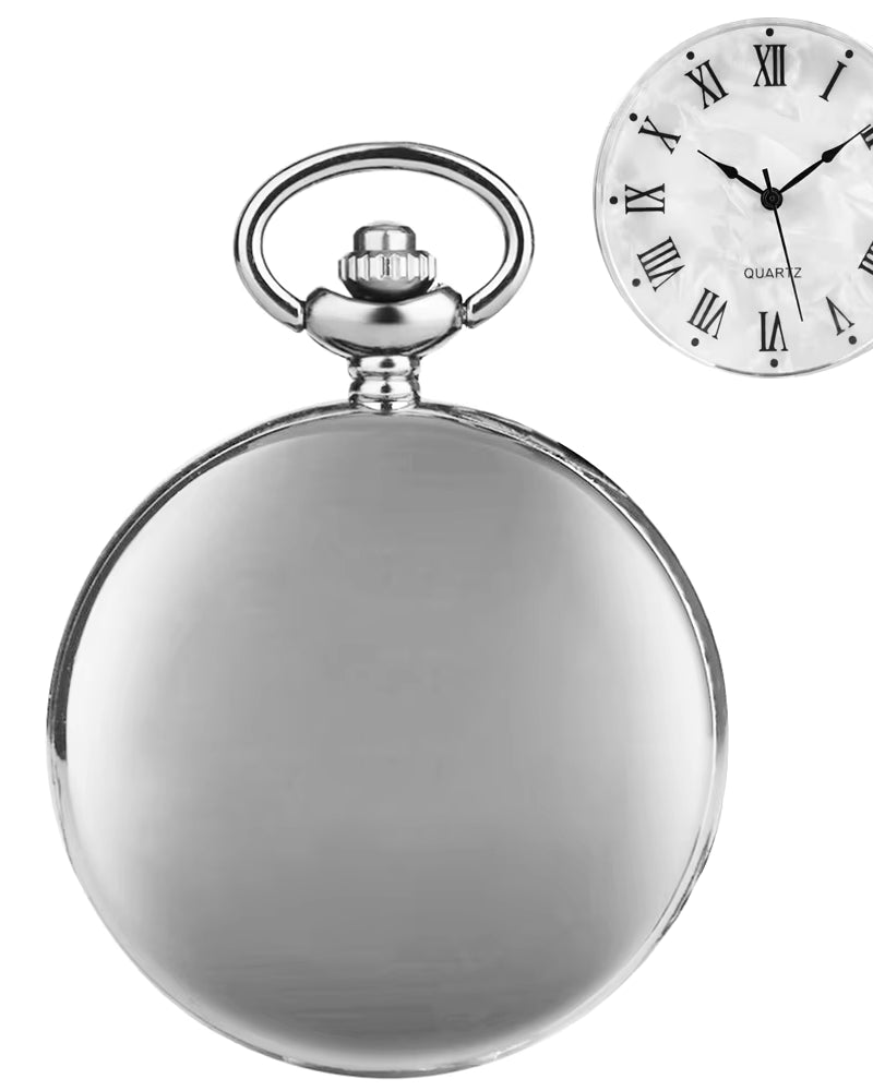 Silver pocket watch with a white face displaying Roman numerals on a white background