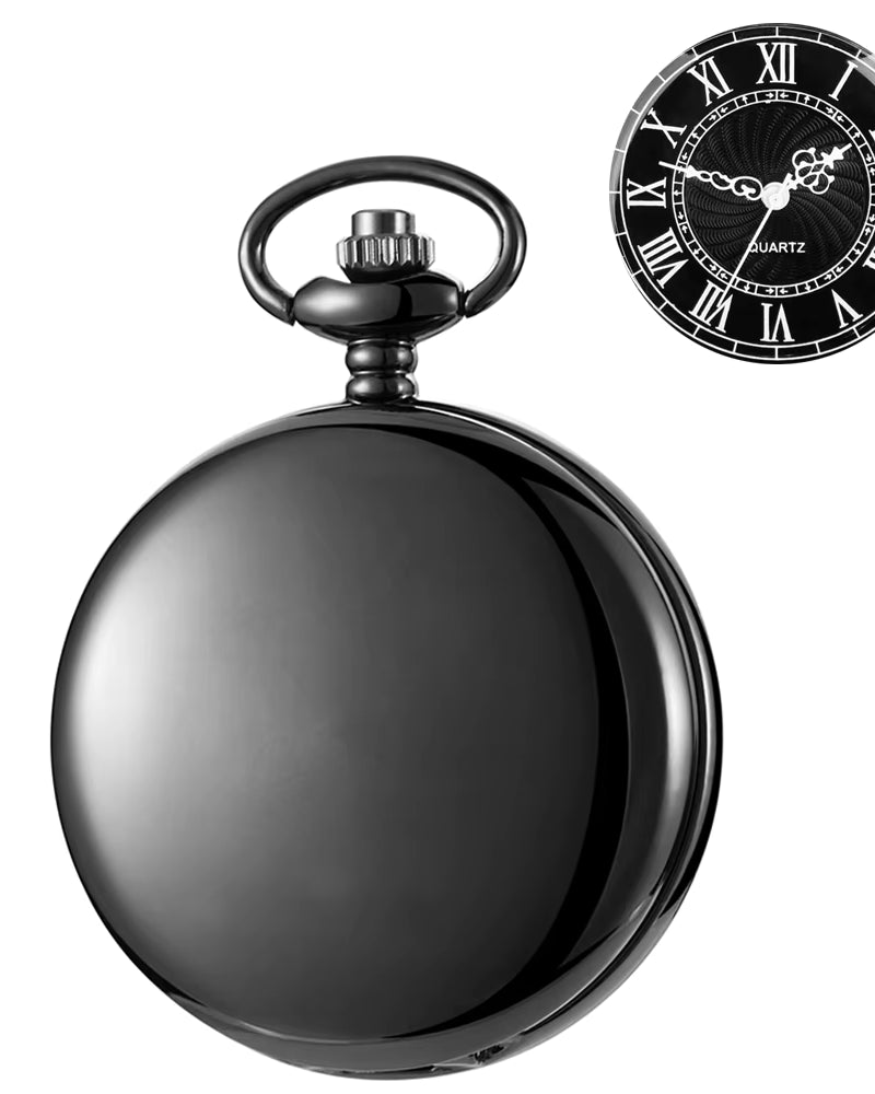Black pocket watch with detailed face on a white background
