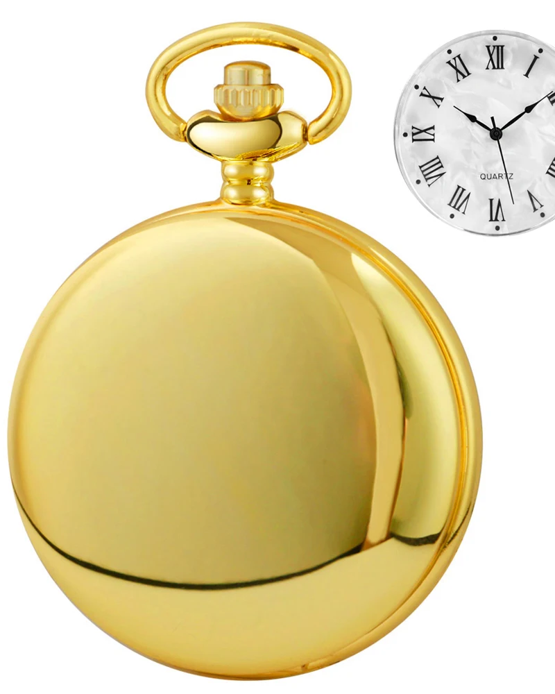 Gold pocket watch with a close-up of the clock face on a white background