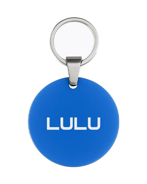Blue keychain with 'LULU' text on a white background