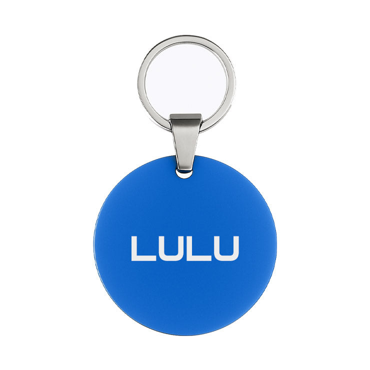 Blue keychain with 'LULU' text on a white background
