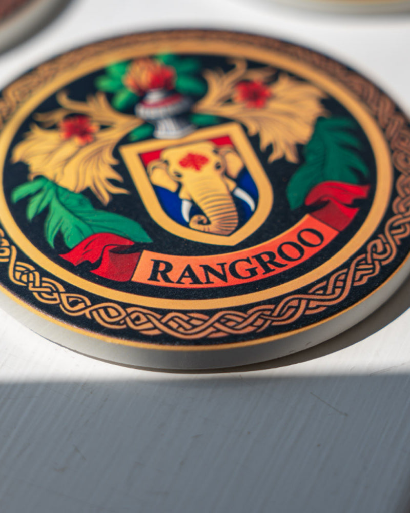 Close-up of a Rangroo logo on a ceramic coaster