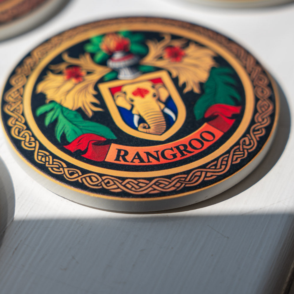 Close-up of a Rangroo logo on a ceramic coaster