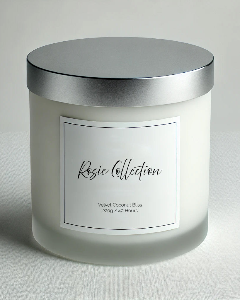 Personalised scented candle in a white frosted jar with a laser-etched silver lid, offering a customisable design and up to 40 hours of burn time
