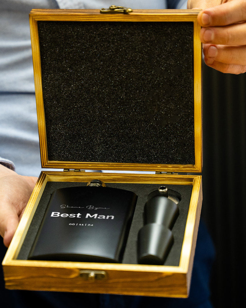 Black Metal Hip Flask | wooden Giftbox | Personalised