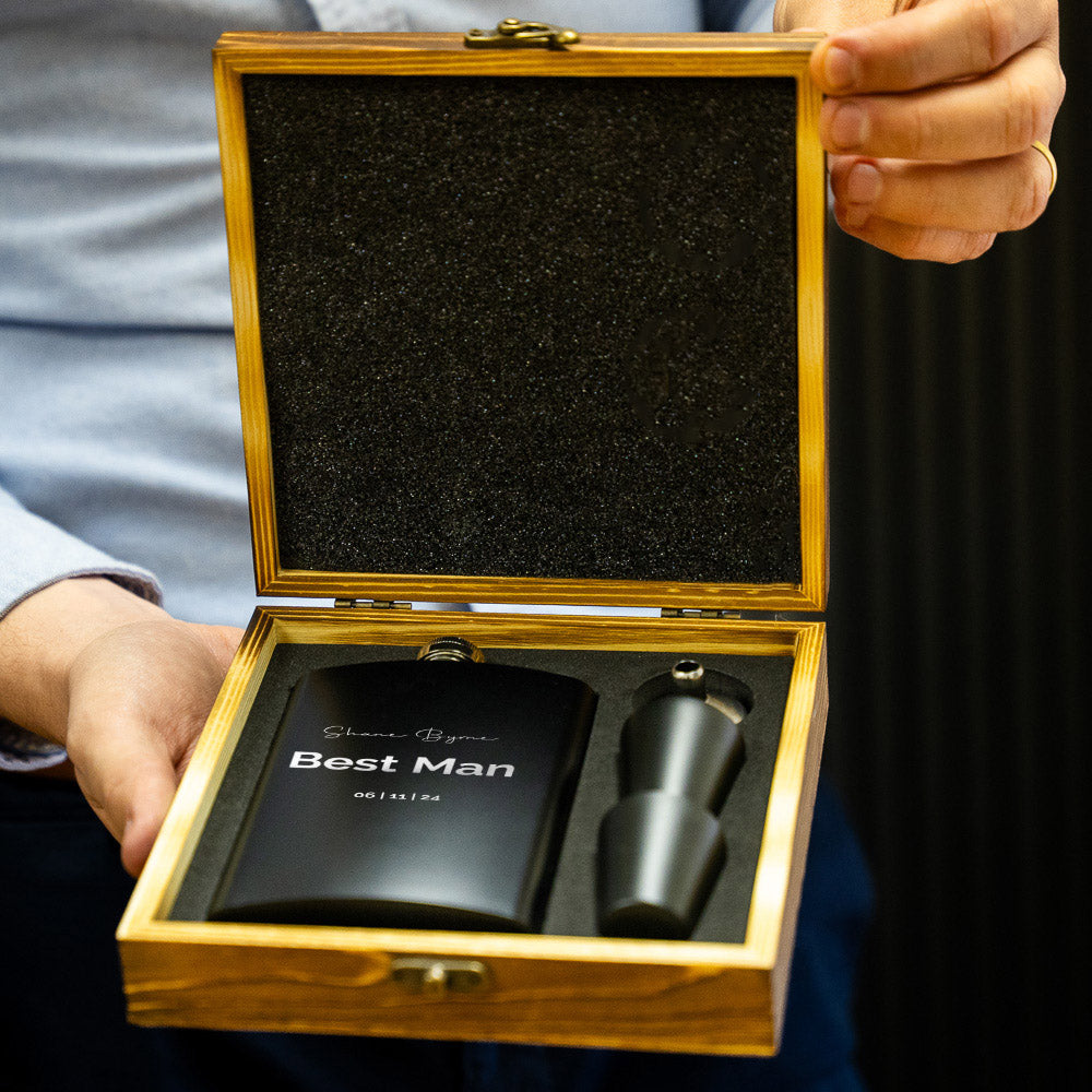 Black Metal Hip Flask | wooden Giftbox | Personalised
