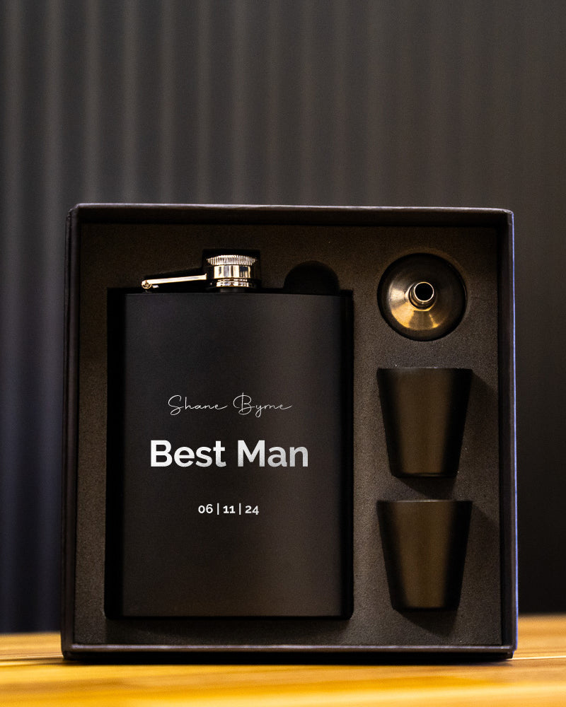 Black Metal Hip Flask | Black Giftbox | Personalised