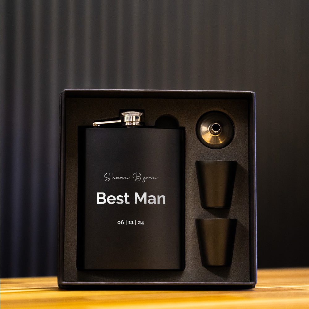 Black Metal Hip Flask | Black Giftbox | Personalised