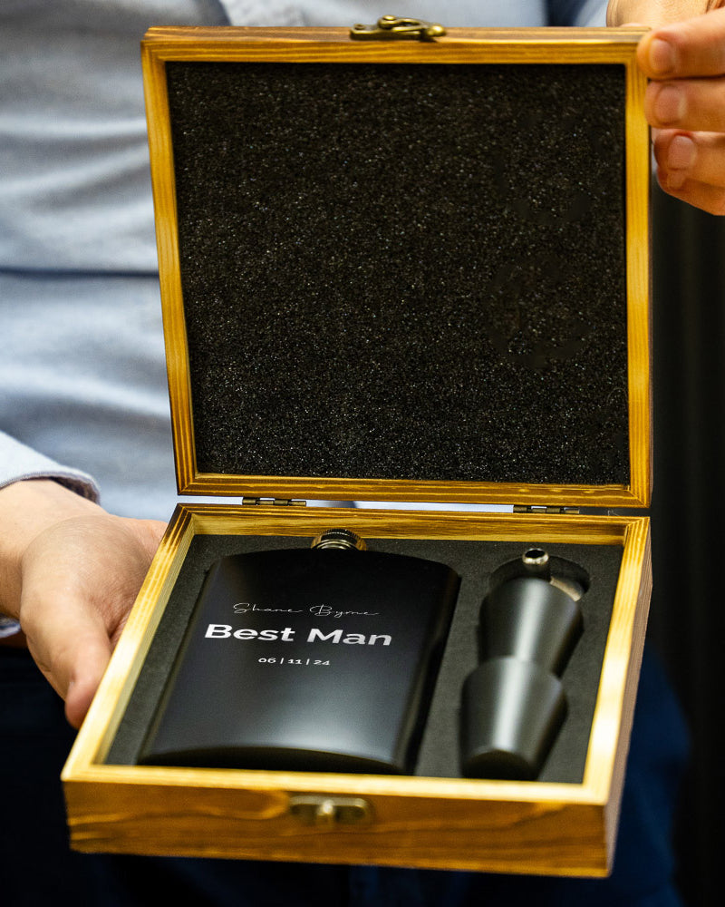 Black Metal Hip Flask | wooden Giftbox | Personalised