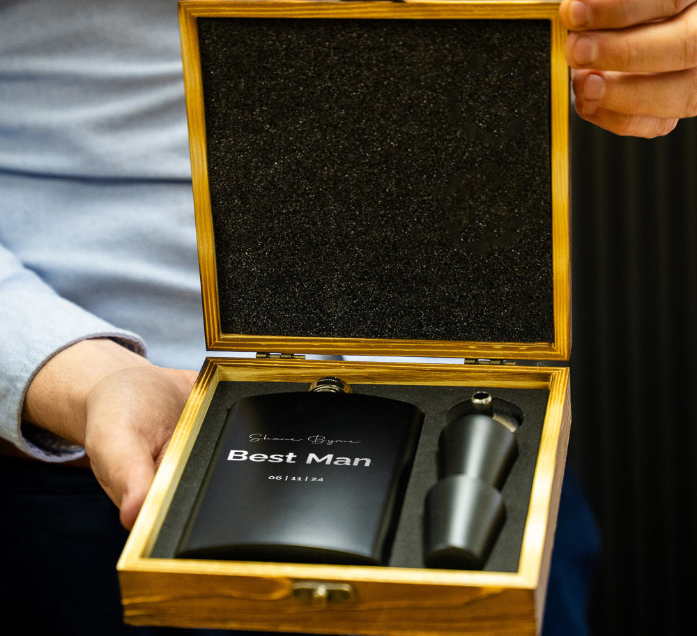 Black Metal Hip Flask | wooden Giftbox | Personalised