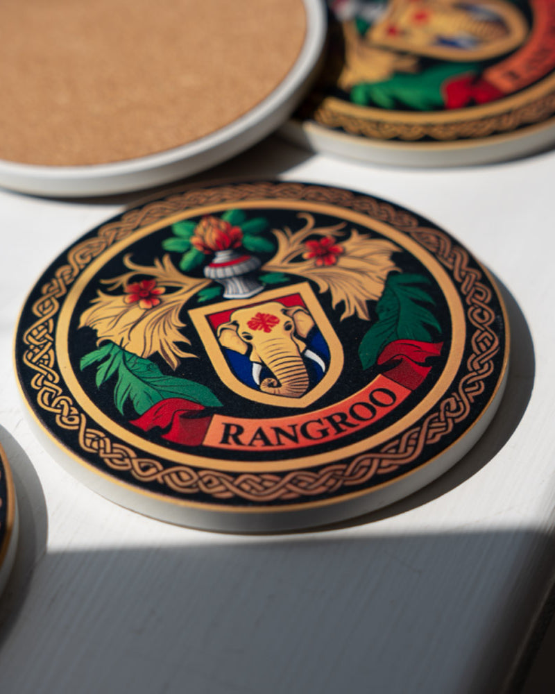 Decorative coasters with intricate designs and 'Rangroo' branding on a light surface.