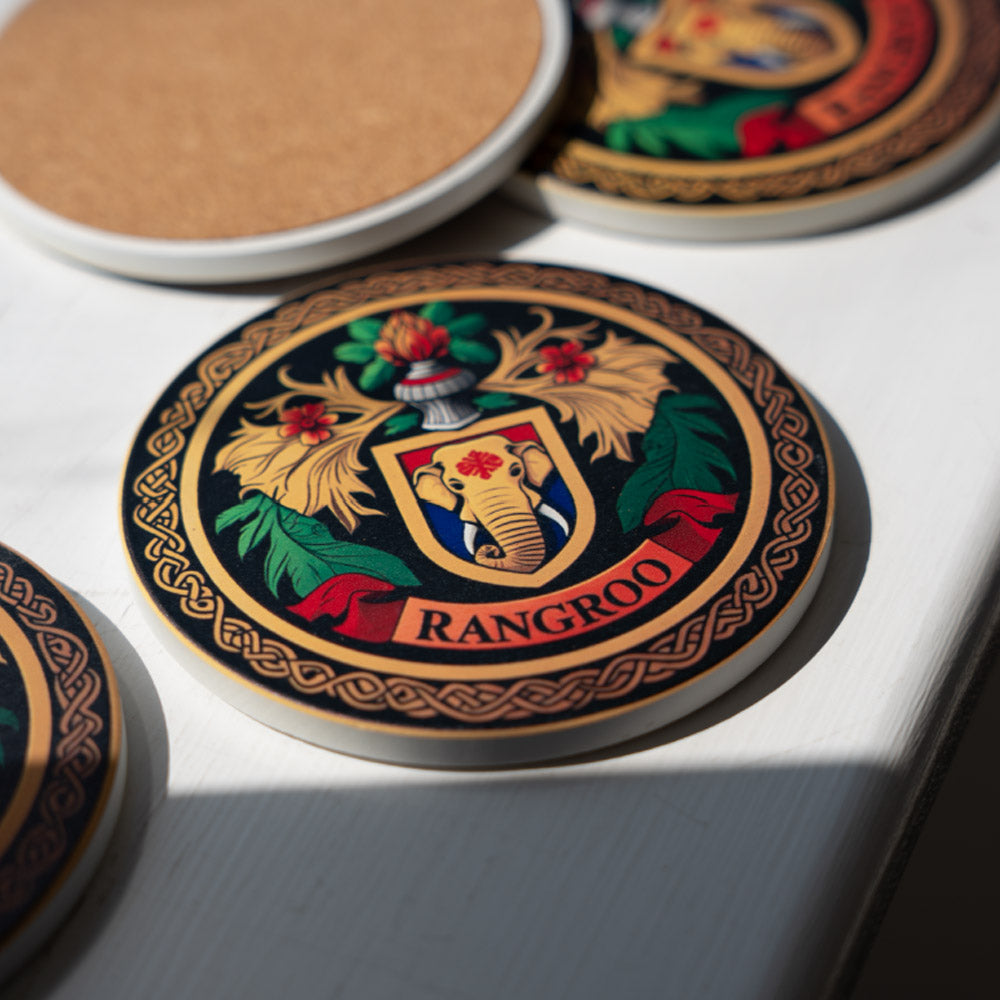 Decorative coasters with intricate designs and 'Rangroo' branding on a light surface.