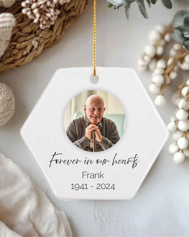 Hexagon-shaped memorial ceramic hanging decoration designed by GetPersonalised.ie in Athlone, Ireland, featuring customizable text with festive holly accents, perfect for adding a personal touch