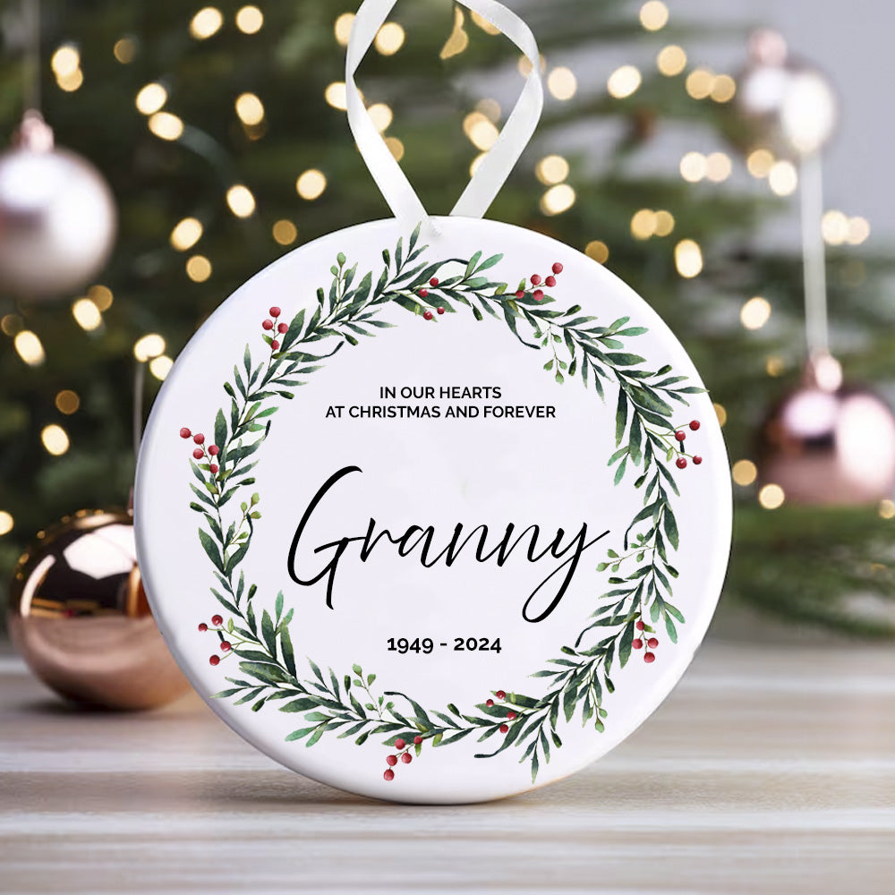 Memorial ornament with 'Granny' and years text, surrounded by a green leaf wreath on a white background.