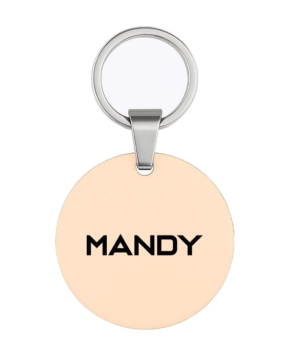 Front-facing round rose gold dog tag pendant with polished stainless steel bail on a white background – customizable jewellery charm for engraving.