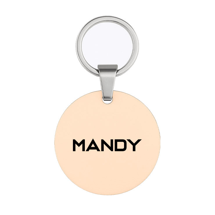Front-facing round rose gold dog tag pendant with polished stainless steel bail on a white background – customizable jewellery charm for engraving.