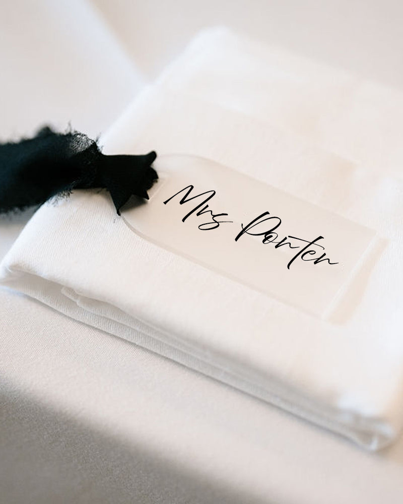Personalised Frosted Acrylic Name Tag with Black Lace Ribbon
