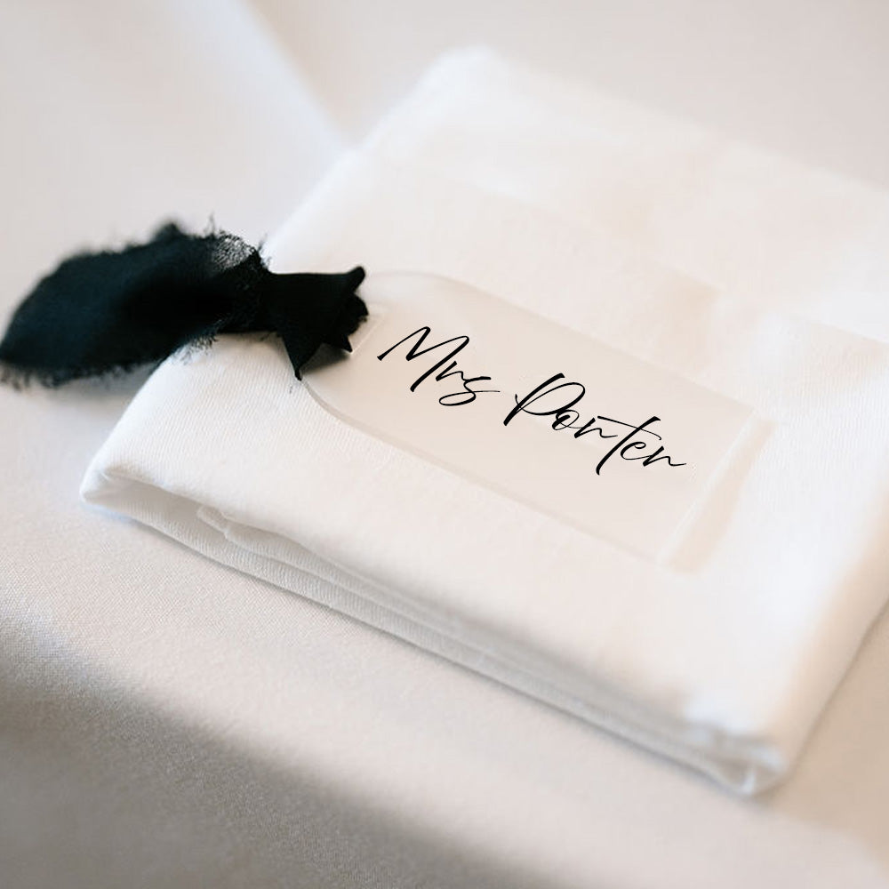 Personalised Frosted Acrylic Name Tag with Black Lace Ribbon