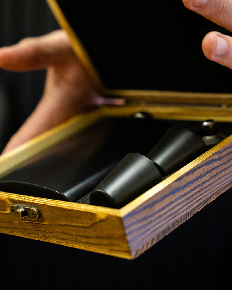 Black Metal Hip Flask | wooden Giftbox | Personalised