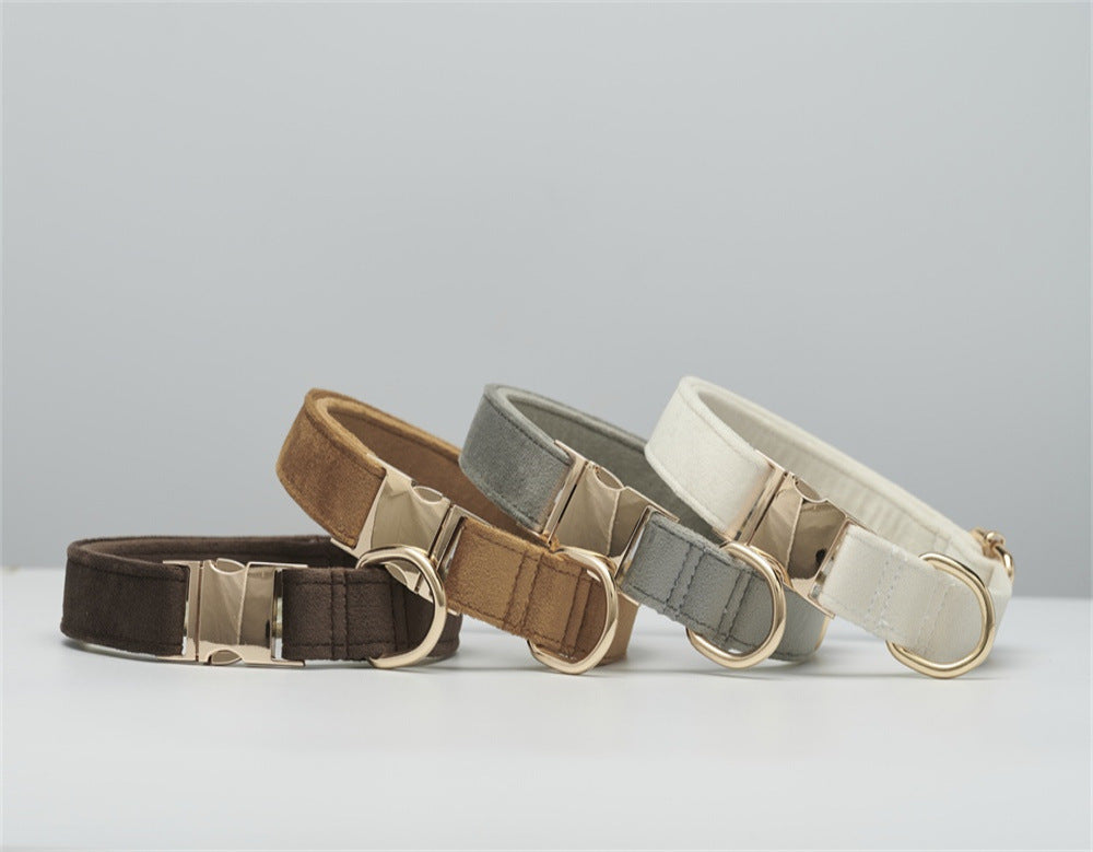 Three dog collars in brown, gray, and beige on a light gray background