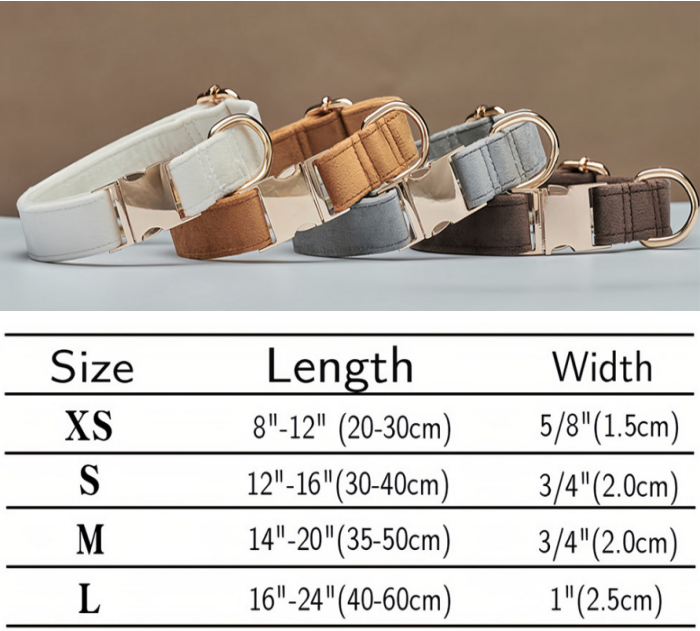 Four dog collars in different colors with a size chart below on a gray background