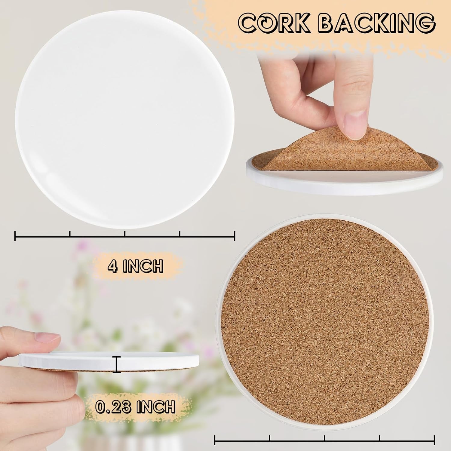 Cork-backed coaster with measurements and a hand holding it.