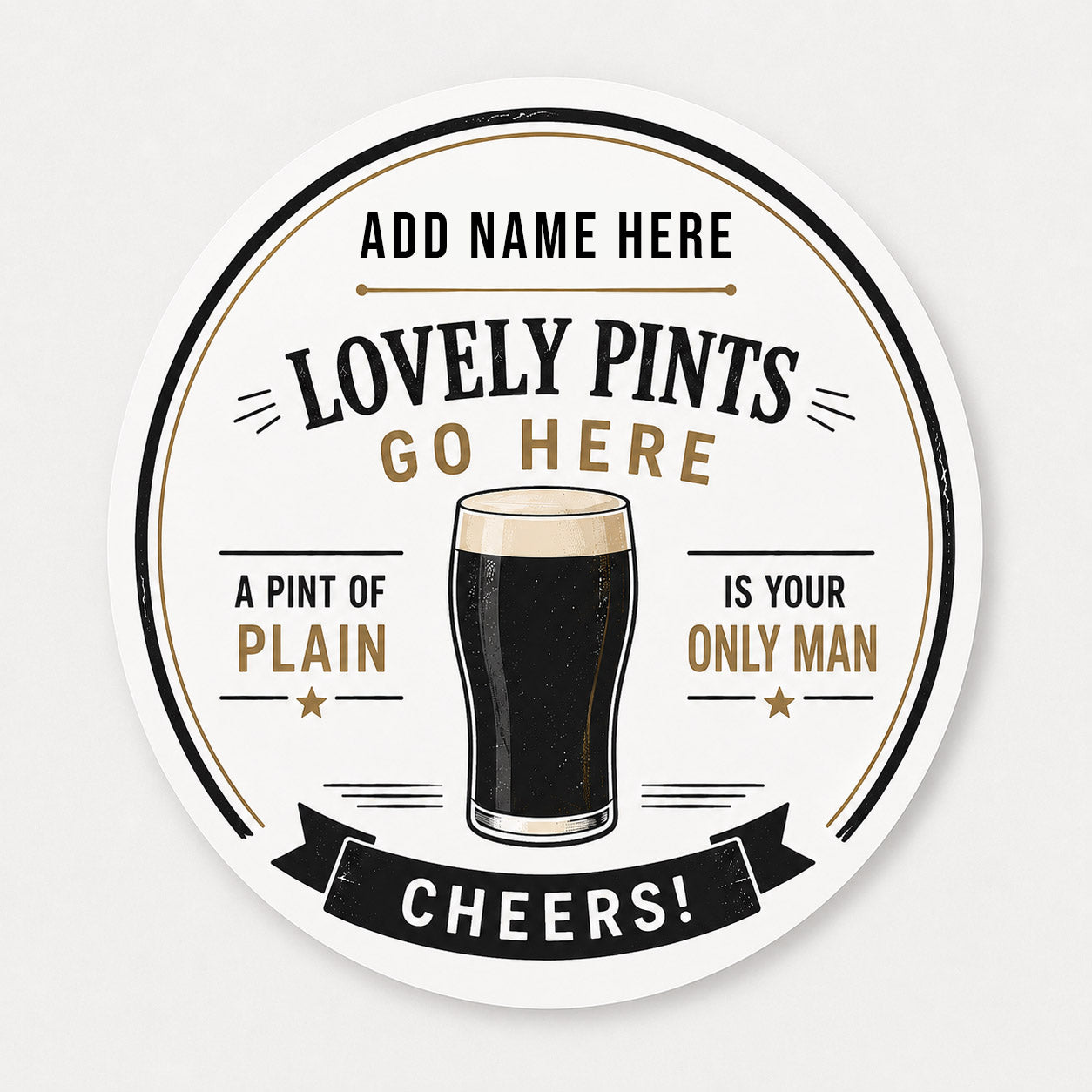 Round personalised ceramic coaster with a glass of beer and text on a white background