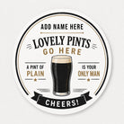 Round personalised ceramic coaster with a glass of beer and text on a white background