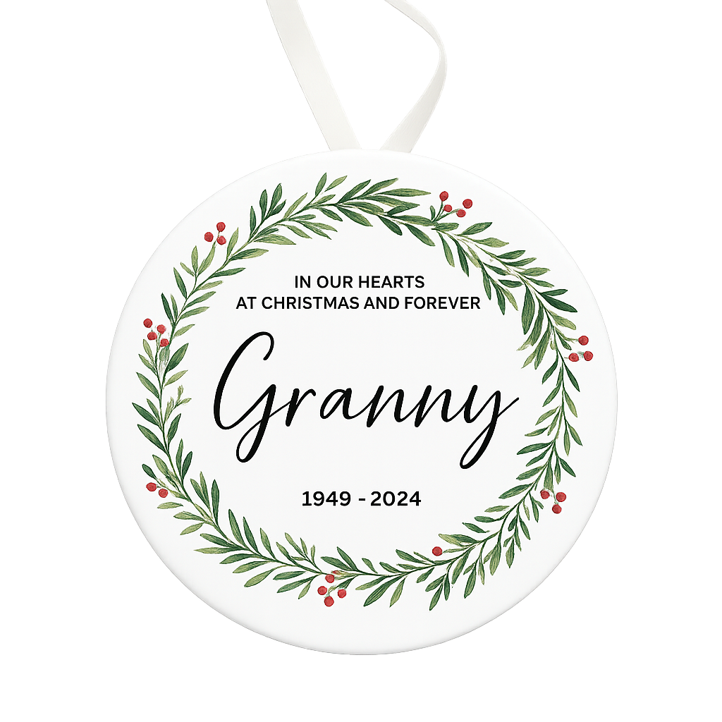 Memorial ornament with 'Granny' and years text, surrounded by a green leaf wreath on a white background.