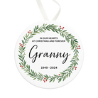 Memorial ornament with 'Granny' and years text, surrounded by a green leaf wreath on a white background.