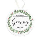 Memorial ornament with wreath design and text 'In our hearts at Christmas and forever, Granny 1949-2024' on a white background.