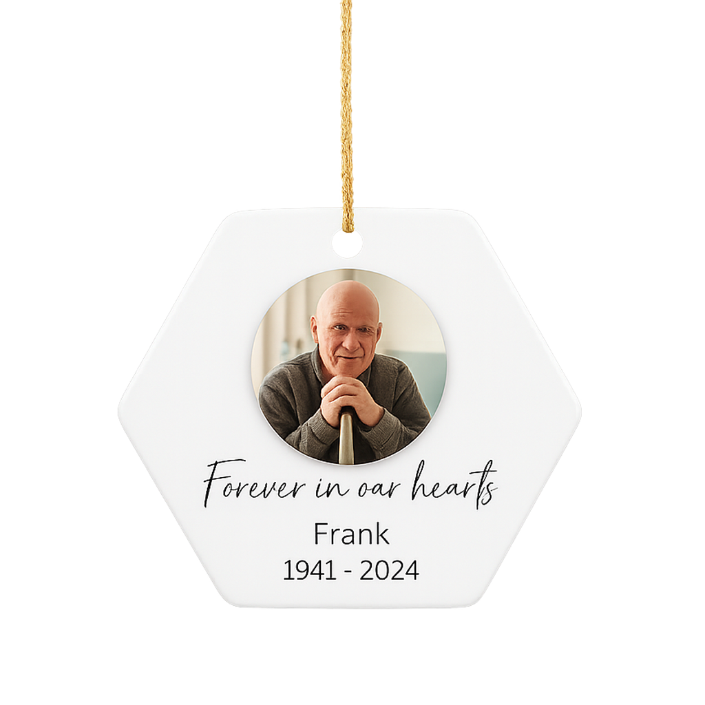 Memorial ornament with a photo of a man and text 'Forever in our hearts Frank 1941-2024' on a white background.